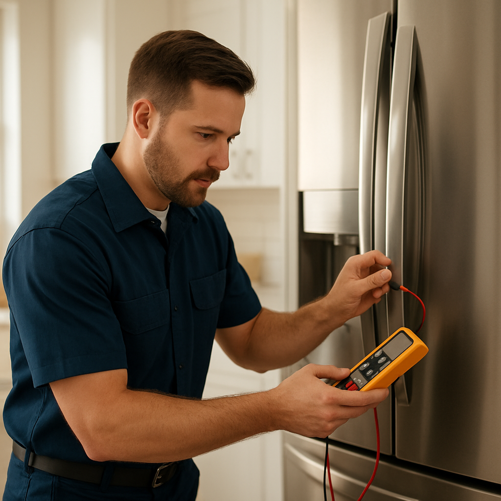 MGM technician diagnosing a refrigerator in a customer's kitchen